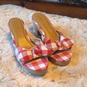 J. Crew Red and White Checkered Wedge Sandals